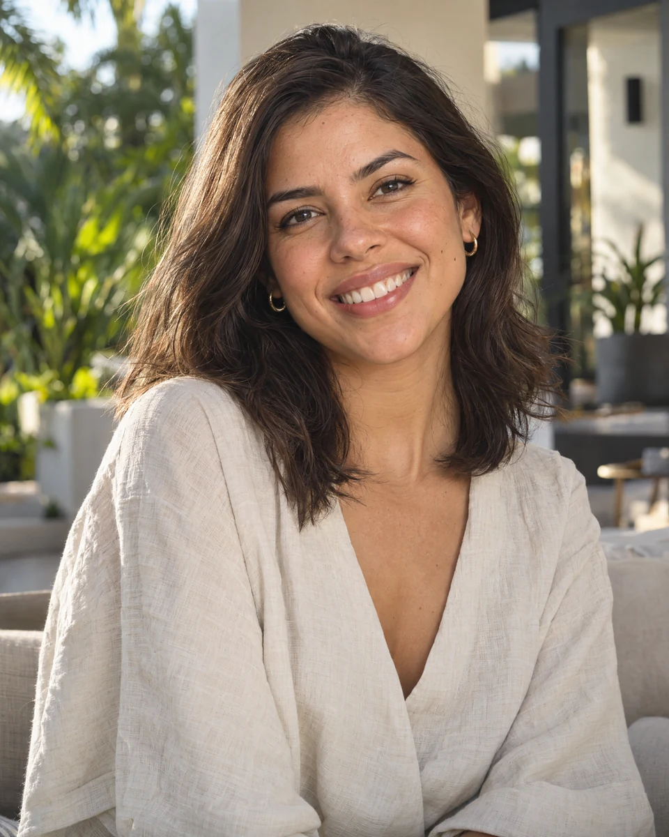 Smiling young woman in a sunlit courtyard